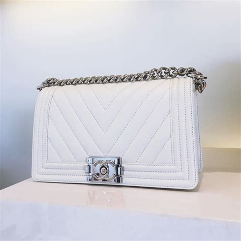 chanel chevron boy bag white|Chanel boy bag for sale.